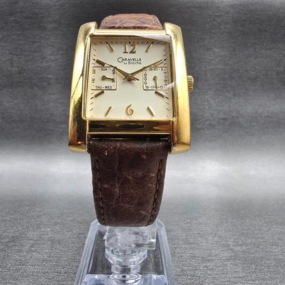 Bulova Caravelle Watch Men 30mm Cream Dial Daydate Rectangle 44C08 New Battery5