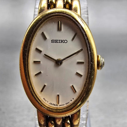 Seiko Watch Women 17mm White Dial Gold Tone Oval V400-1019 New Battery Vintage1