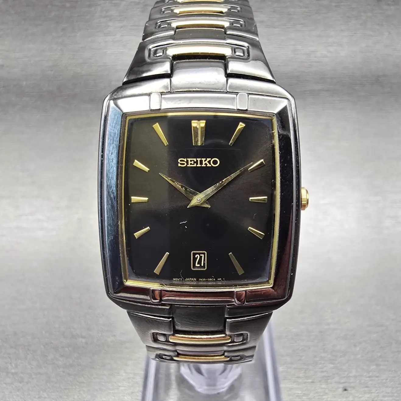 Seiko Tank Watch Men 30mm Black Dial Black Tone Date Rectangle 7N39-0AT0 NewBatt0