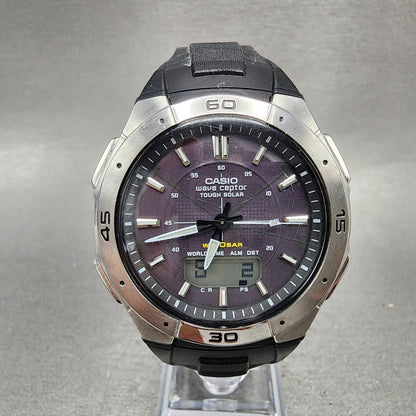 Casio Wave Ceptor Watch Men 42mm Black Dial Silver Tone Analog Digital Solar AB10