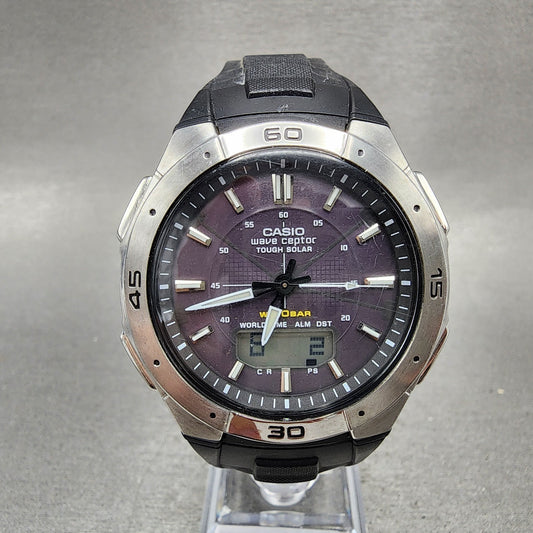 Casio Wave Ceptor Watch Men 42mm Black Dial Silver Tone Analog Digital Solar AB10