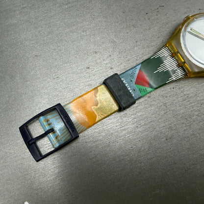 Swatch SnowWhite Watch Unisex 34mm Silver Dial Yellow Case READ!! New Batt GK1047