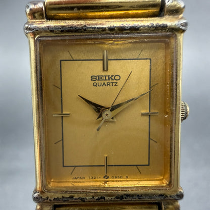 Seiko Tank Watch Women 18mm Champagne Dial two Tone Rectangle 7321-5510 New Batt1