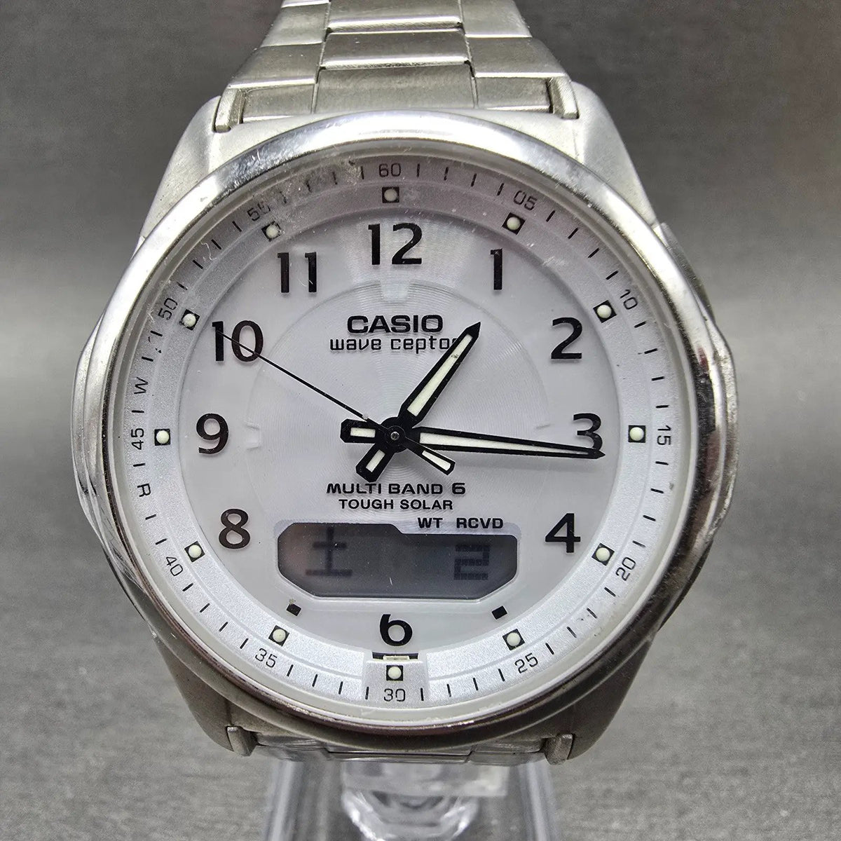 Casio Wave Ceptor Watch Men 42mm White Dial Steel Solar Analog Digital Works JP20