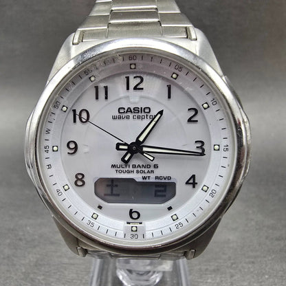 Casio Wave Ceptor Watch Men 42mm White Dial Steel Solar Analog Digital Works JP20