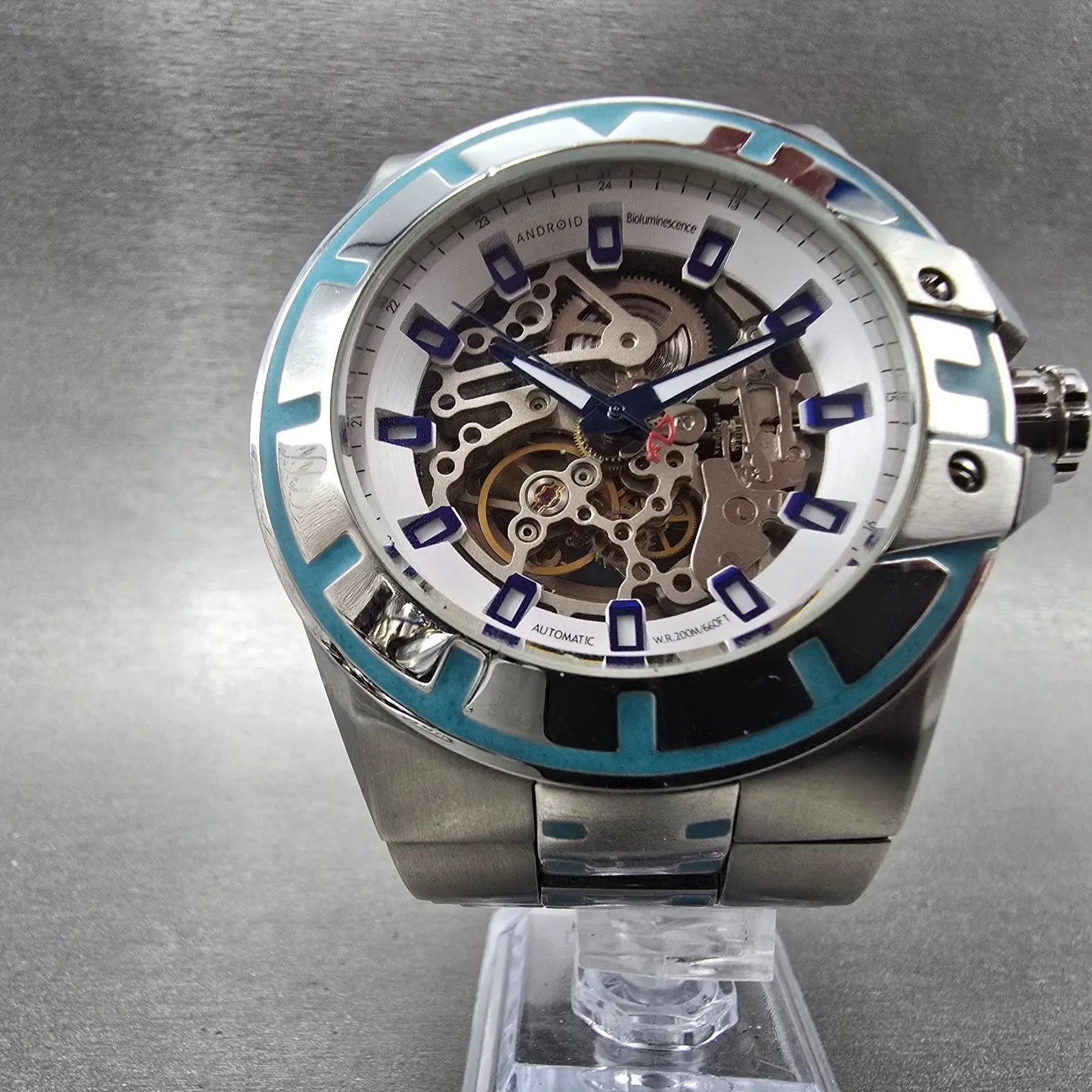 Android Bioluminescence Skeleton Automatic Watch Men 48mm Blue Dial Steel Runs5