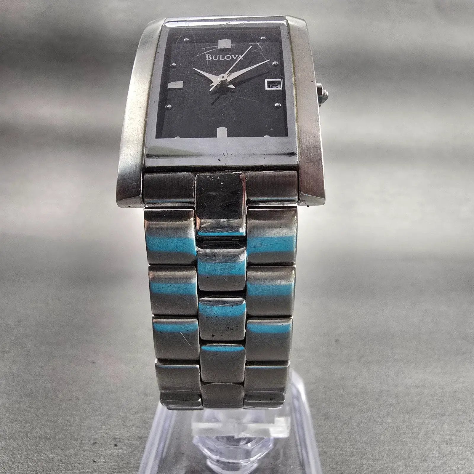 Bulova Watch Men 24mm Black Dial Silver Tone Date Rectangle New Battery Vintage5
