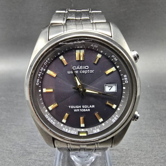 Casio WVQ-110TDJ Watch Men 40mm Blue Dial Titanium Alarm Chrono Waveceptor PARTS0