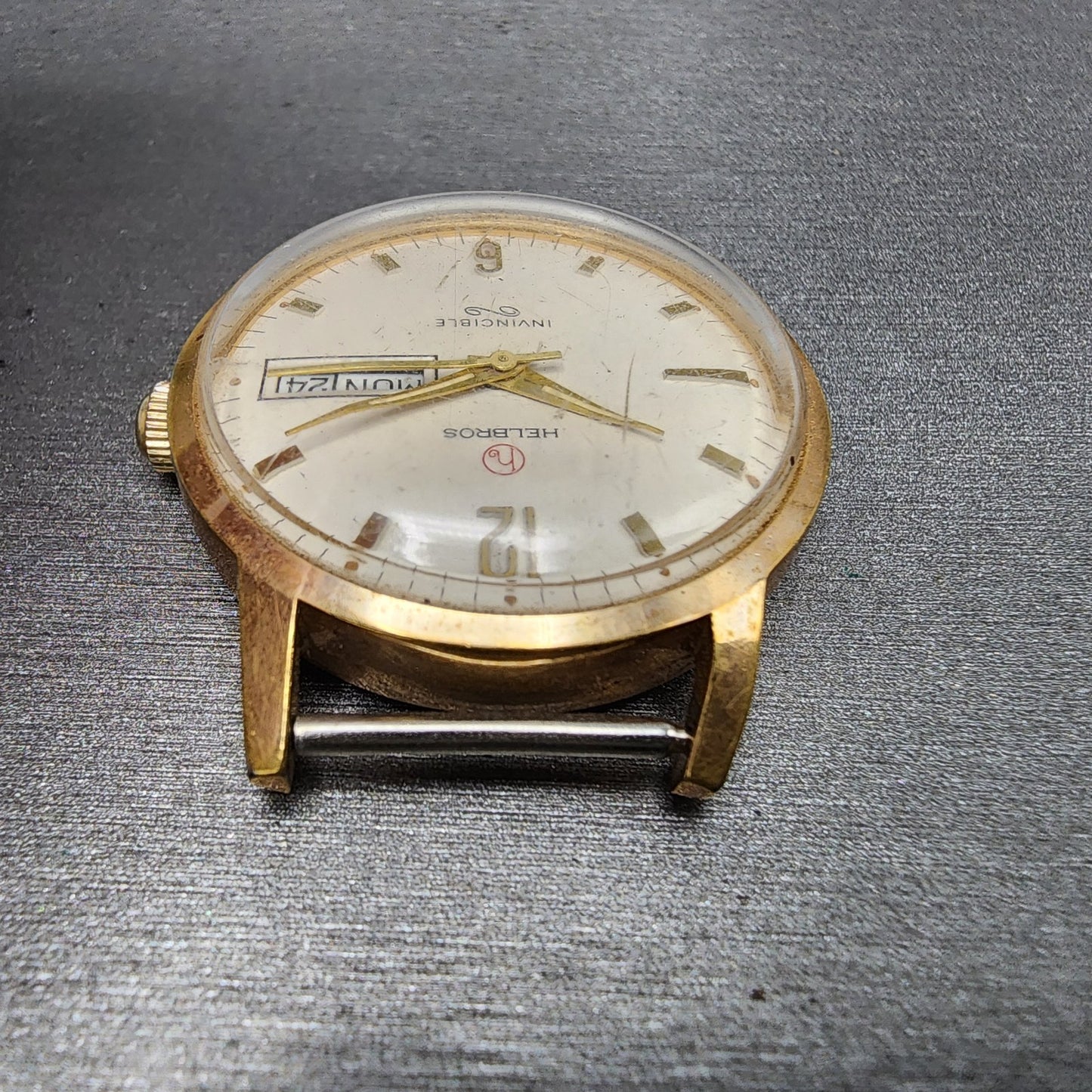 Helbros Watch Men 34mm White Dial Gold Tone Daydate Round Manual Wind Runs READ!4