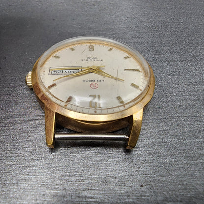 Helbros Watch Men 34mm White Dial Gold Tone Daydate Round Manual Wind Runs READ!4