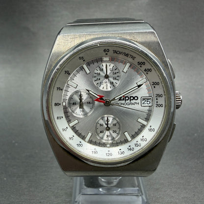 Zippo Chronograph Watch Men 39mm Silver Dial Silver Tone Date Round New Battery0