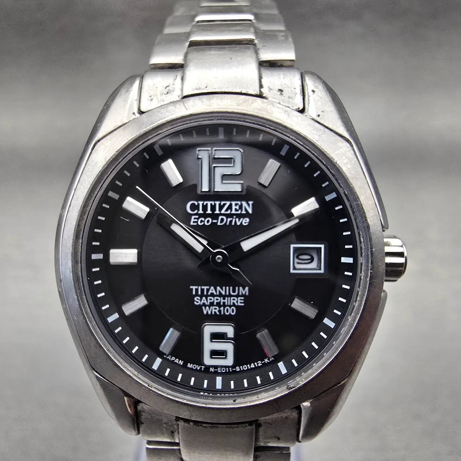 Citizen Eco-Drive Watch Women 27mm Black Dial Titanium Date E011-S068479 Runs1