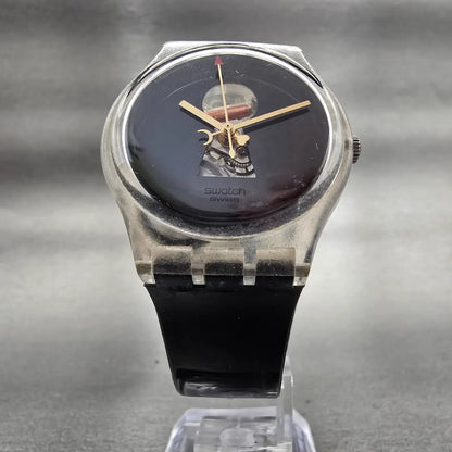Swatch Porte Jarretelles Watch Men 34mm Black Dial Clear Case GK316 New Battery5