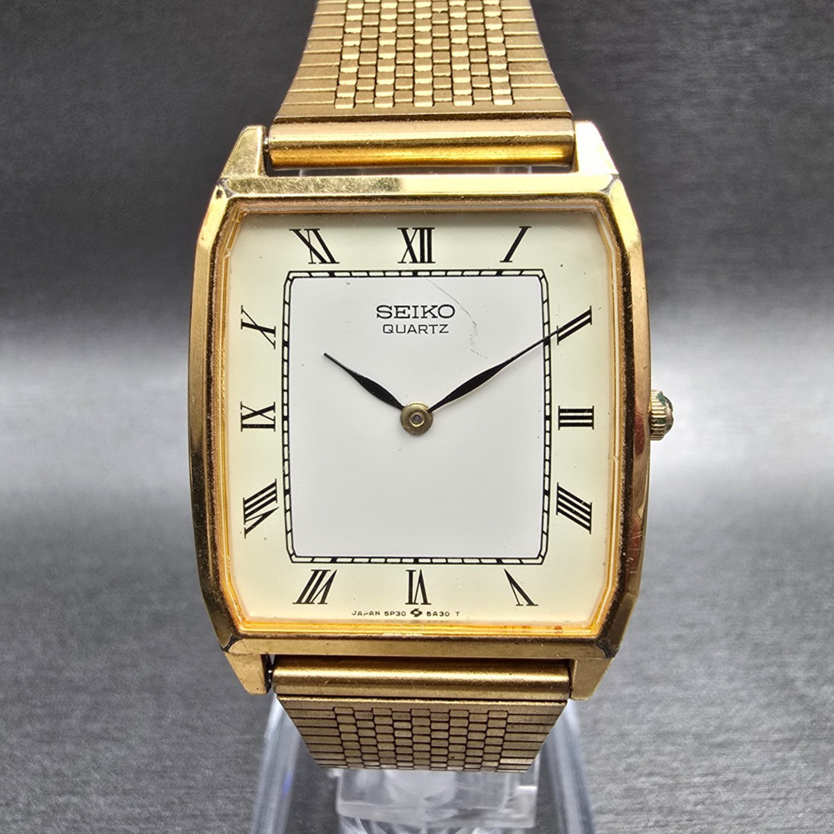 Seiko Tank Watch Men 27mm White Dial Gold Tone Rectangle 5P30-5410 New Battery0