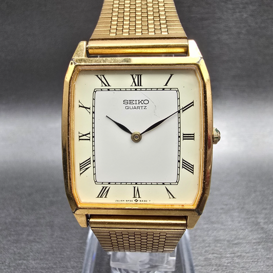 Seiko Tank Watch Men 27mm White Dial Gold Tone Rectangle 5P30-5410 New Battery0