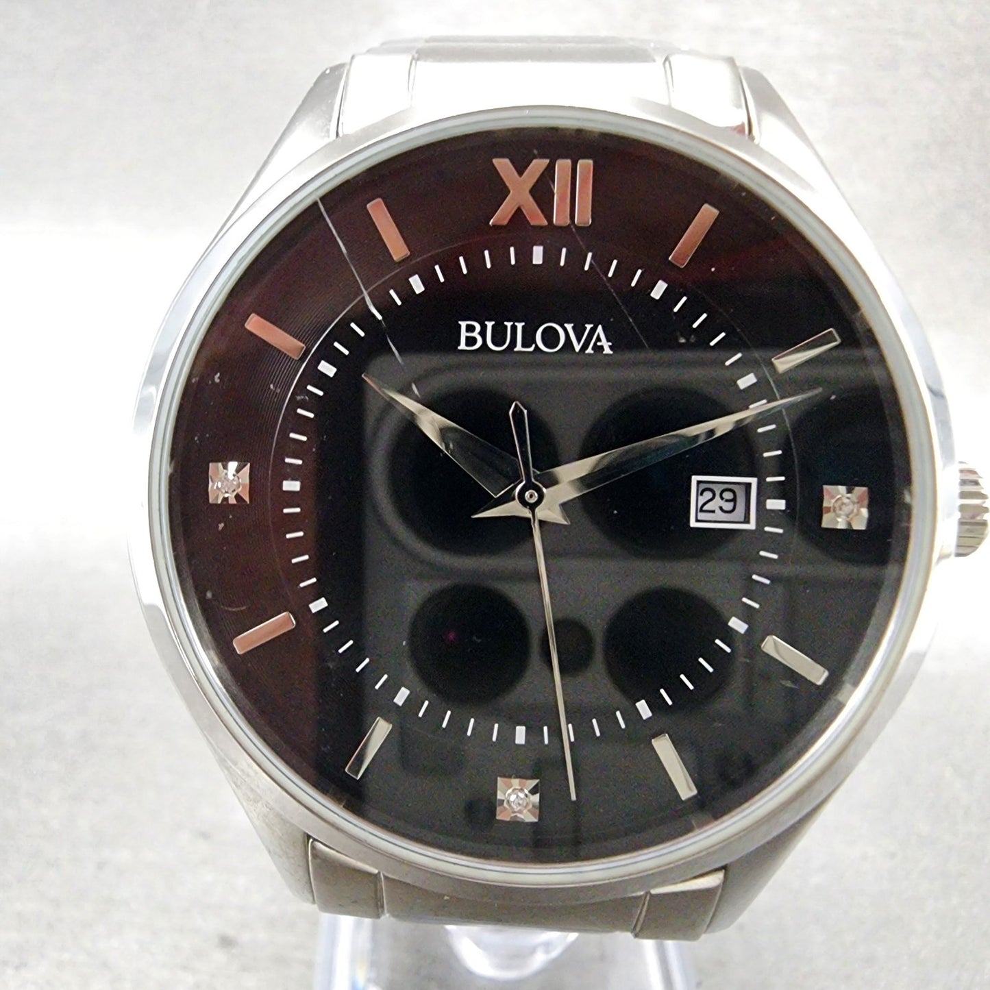 Bulova Watch Men 40mm Black Dial Steel Date Diamonds Round 96D142 New Battery1