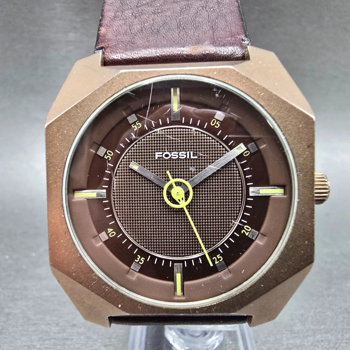 Fossil Watch Men 38mm Brown Dial Brown Case Octagon Alien JR-9282 New Battery0