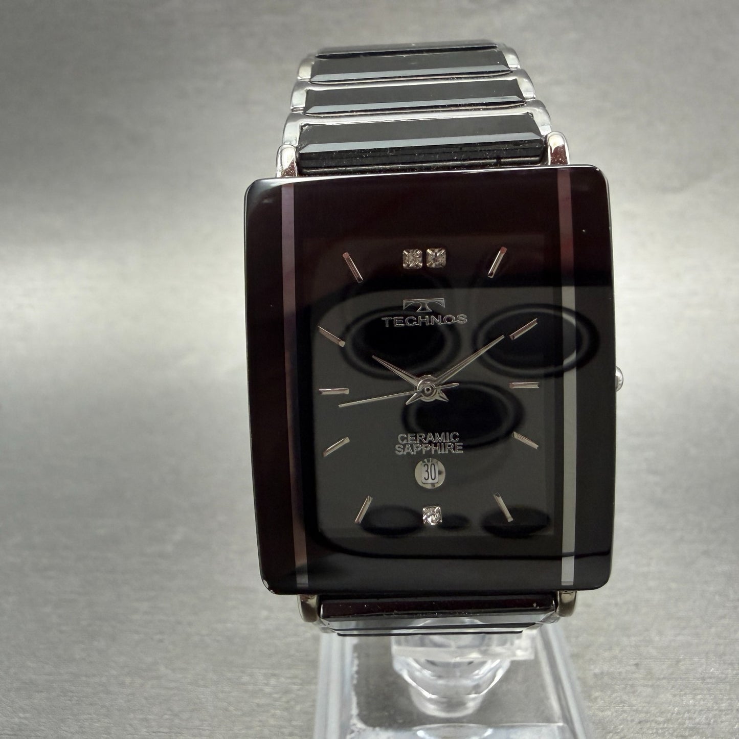 Technos Tank Watch Men 28mm Black Dial Ceramic Steel Date Rectangle New BatteryA0