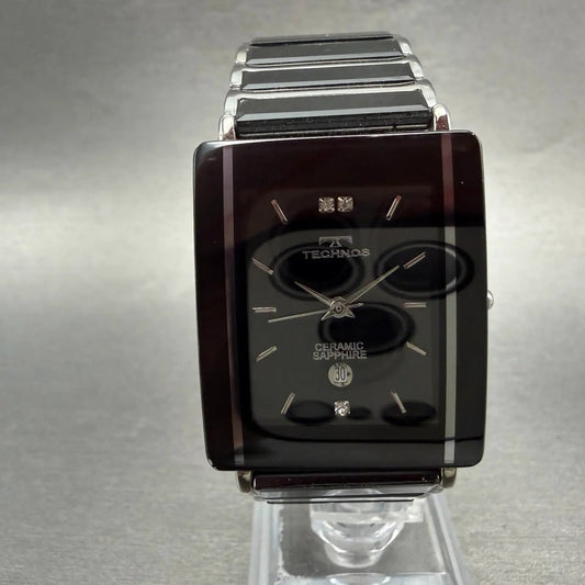 Technos Tank Watch Men 28mm Black Dial Ceramic Steel Date Rectangle New BatteryA0