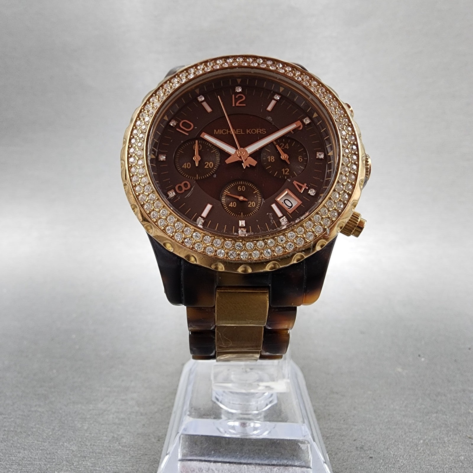 Michael kors Madison Watch Women 42mm Brown Dial Two Tone Date Chrono New Batt5