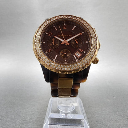 Michael kors Madison Watch Women 42mm Brown Dial Two Tone Date Chrono New Batt5