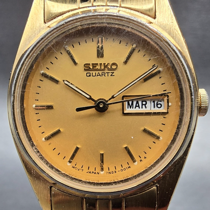 Seiko Watch Women 23mm Gold Dial Gold Tone Daydate Round 7N83-0011 New Battery1