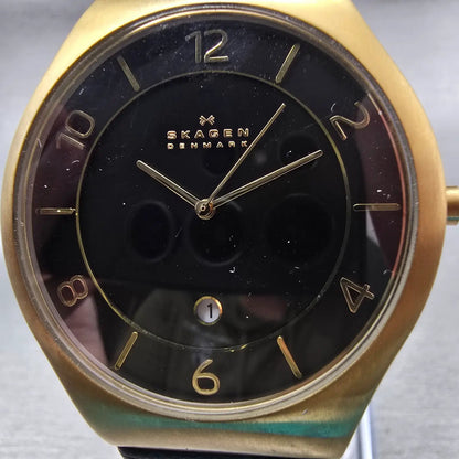 Skagen Watch Men 41mm Black Dial Gold Tone Date Round SKW6145 New Battery1