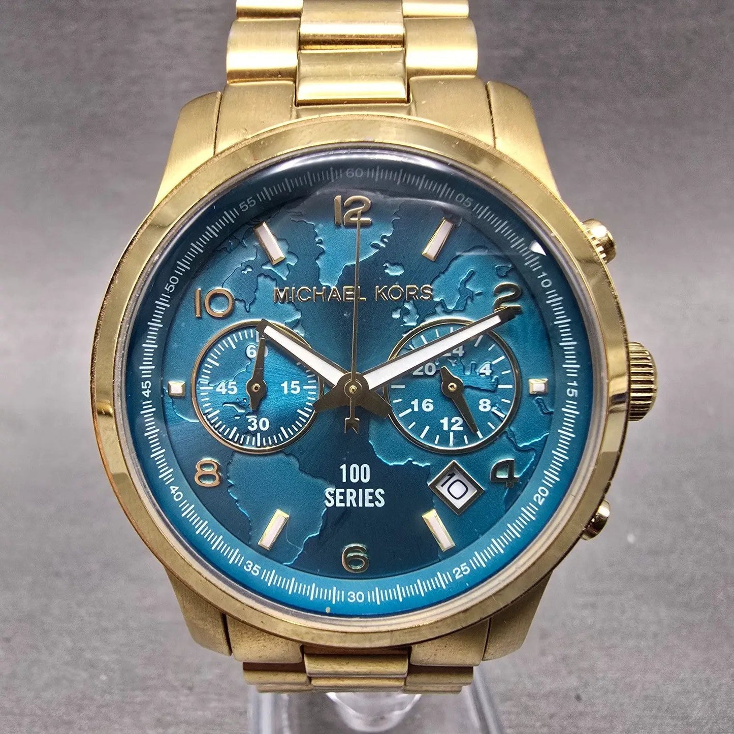 Michale Kors Hunger Stop Chronograph Watch Women 38mm Blue Dial Gold Tone NewBat0