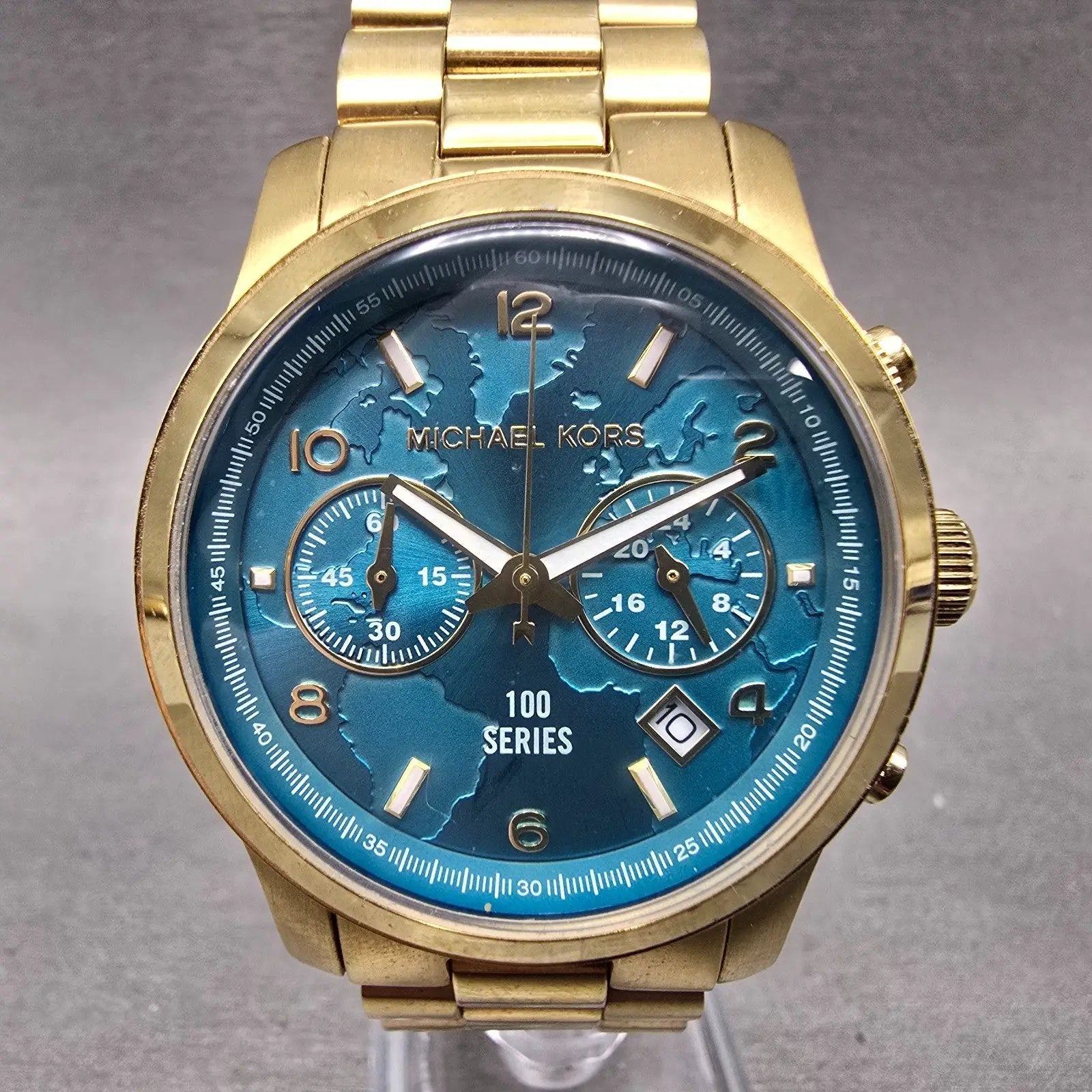 Michale Kors Hunger Stop Chronograph Watch Women 38mm Blue Dial Gold Tone NewBat0