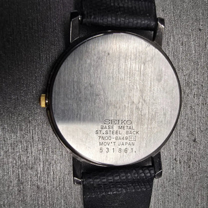 Seiko Watch Men 34mm Black Dial Black Tone Round 7N00-8A49 New Battery Vintage10