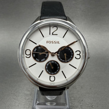 Fossil Watch Women 36mm White Dial Silver Tone Daydate Round BQ3248 New Battery0