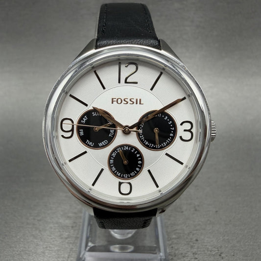 Fossil Watch Women 36mm White Dial Silver Tone Daydate Round BQ3248 New Battery0