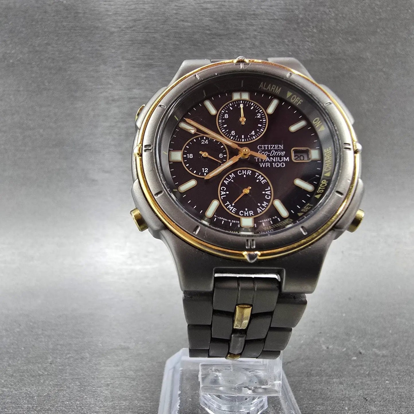 Citizen Eco-Drive Watch Men 38mm Black Dial Two Tone Titanium Alarm Chrono Runs6