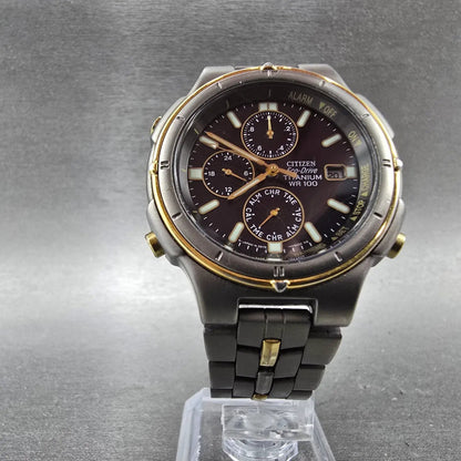 Citizen Eco-Drive Watch Men 38mm Black Dial Two Tone Titanium Alarm Chrono Runs6
