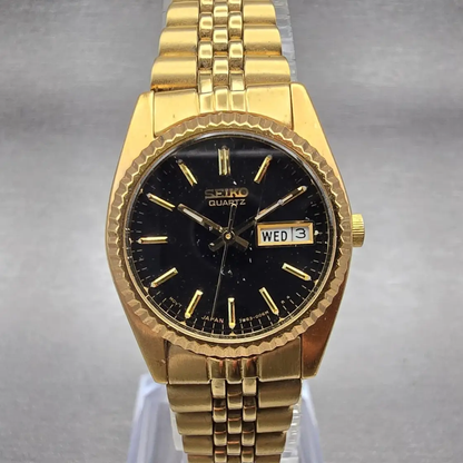 Seiko President Watch Women 24mm Black Dial Gold Tone Daydate 7N83-0041 New Batt0