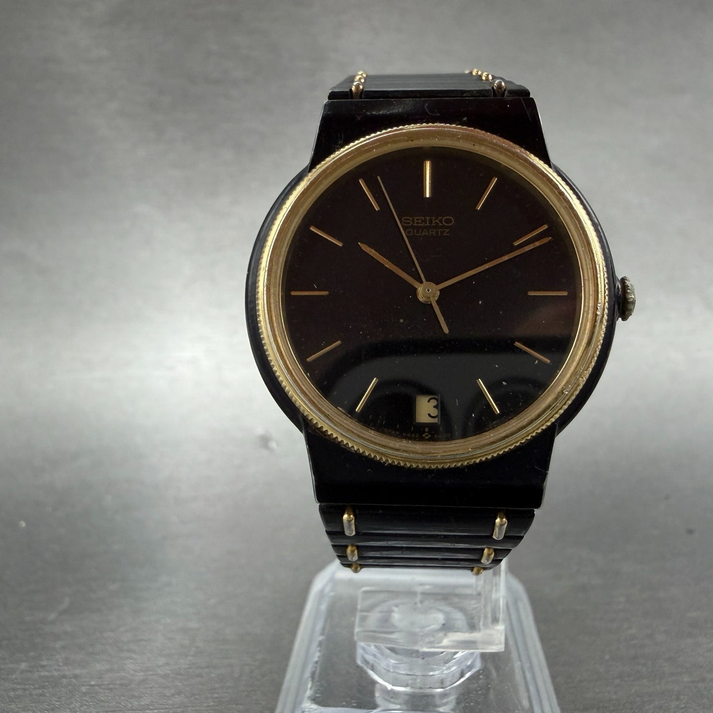 Seiko Watch Men 32mm Black Dial Black Gold Tone Date Round 6532-6039 New Battery6