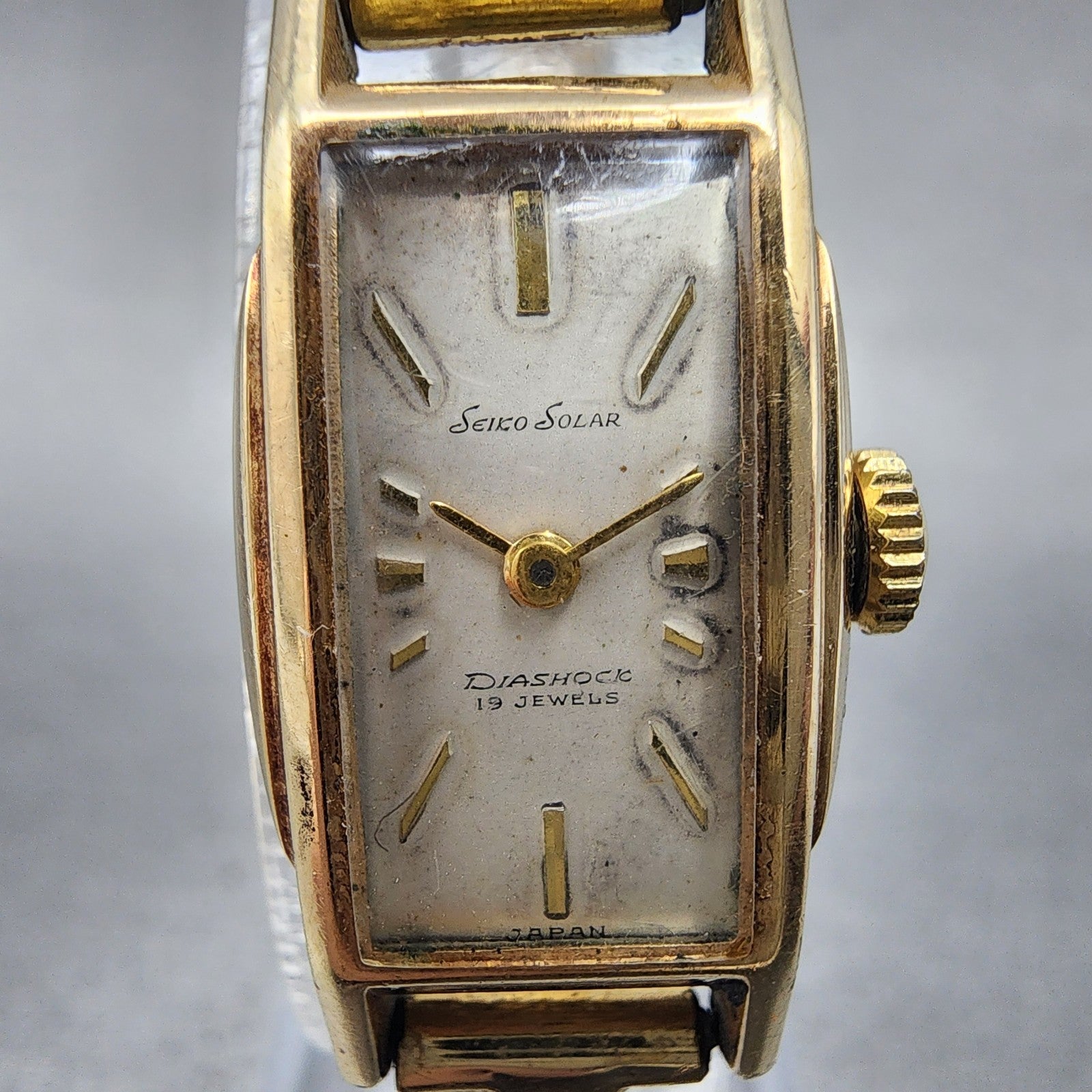 Seiko Solar Tank Watch Women 15mm Silver Dial Gold Filled Manual 532 Runs1