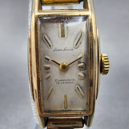 Seiko Solar Tank Watch Women 15mm Silver Dial Gold Filled Manual 532 Runs1