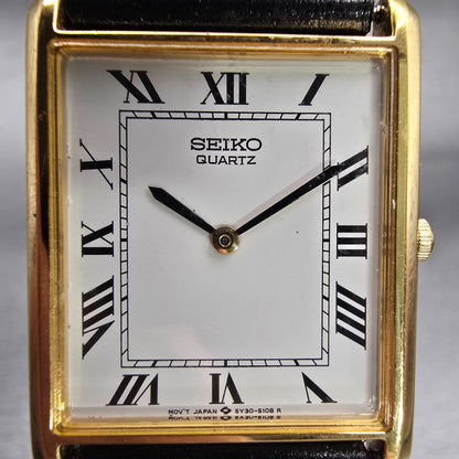 Seiko Tank Watch Men 25mm White Dial Gold Tone Rectangle 5Y30-5060 New Battery1