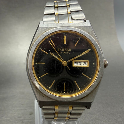 Pulsar Watch Men 37mm Black Dial Two Tone Daydate V733-X004 Round New Battery 20