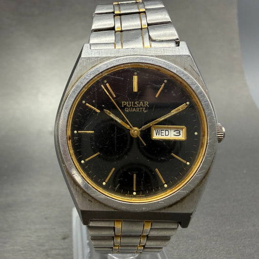 Pulsar Watch Men 37mm Black Dial Two Tone Daydate V733-X004 Round New Battery 20