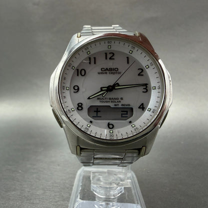 Casio Wave Ceptor Watch Men 42mm White Dial Steel Solar Analog Digital Works YUY5