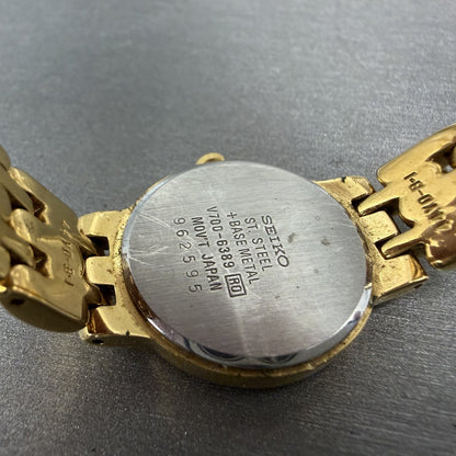 Seiko Watch Women 24mm White Dial Gold Tone Round V700-6389 New Battery ABC9