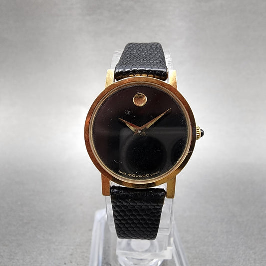 Movado Museum Watch Women 22mm Black Dial 14K Solid Gold Round New Battery