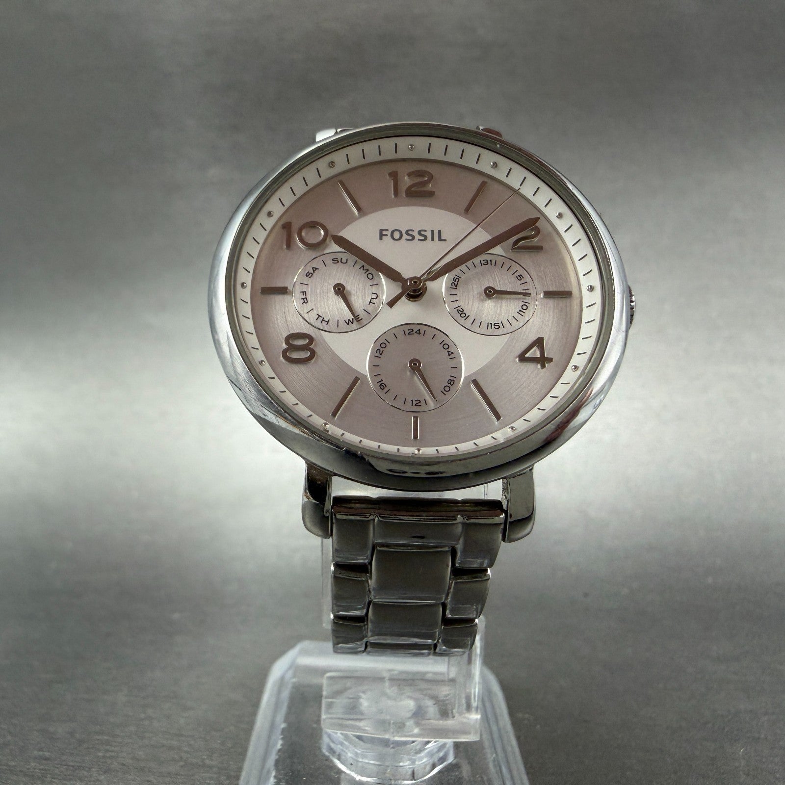 Fossil Jacqueline Watch Women 36mm Silver Dial Silver Tone Daydate Round New Bat5