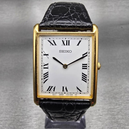 Seiko Tank Watch Men 25mm White Dial Gold Tone Rectangle V700-5K39 New Battery0