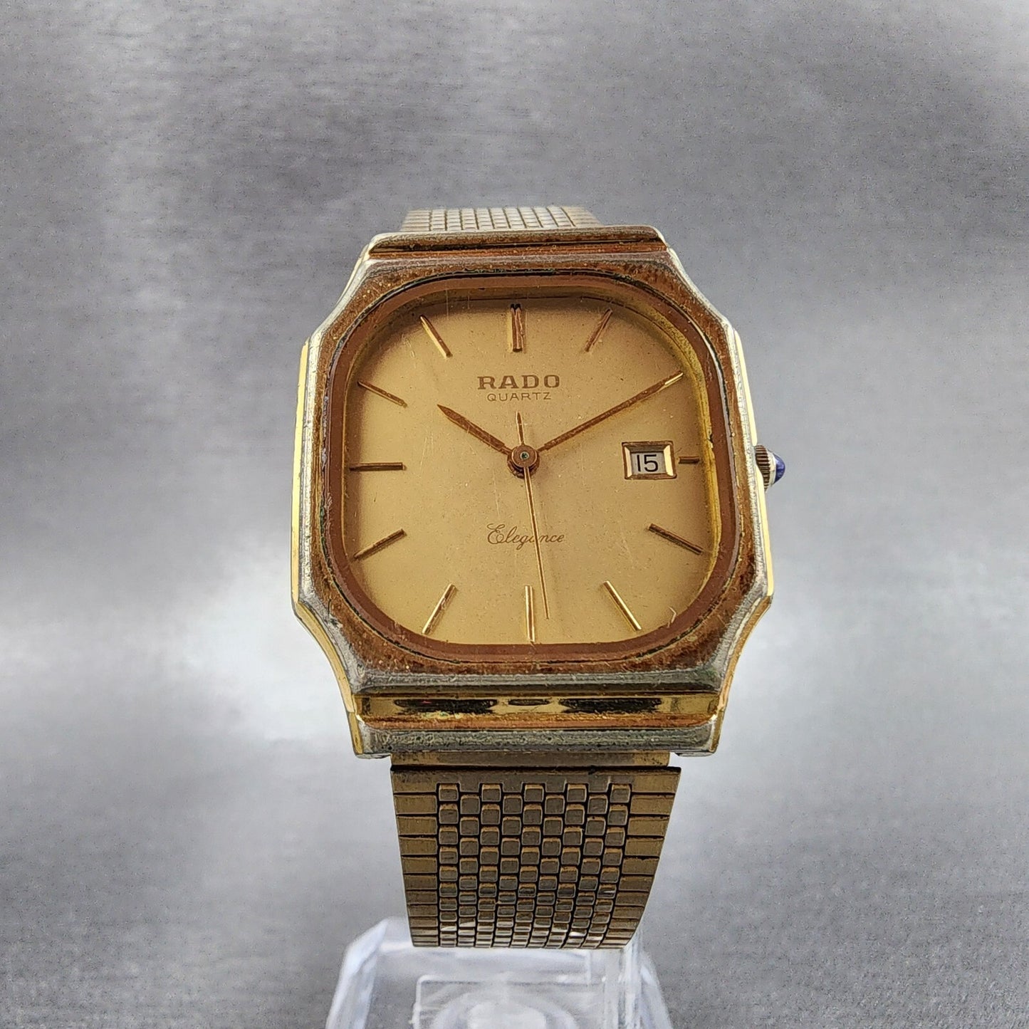 Rado Elegance Watch Men 28mm Gold Dial Gold Tone Date Octagon READ!!! New Batt5
