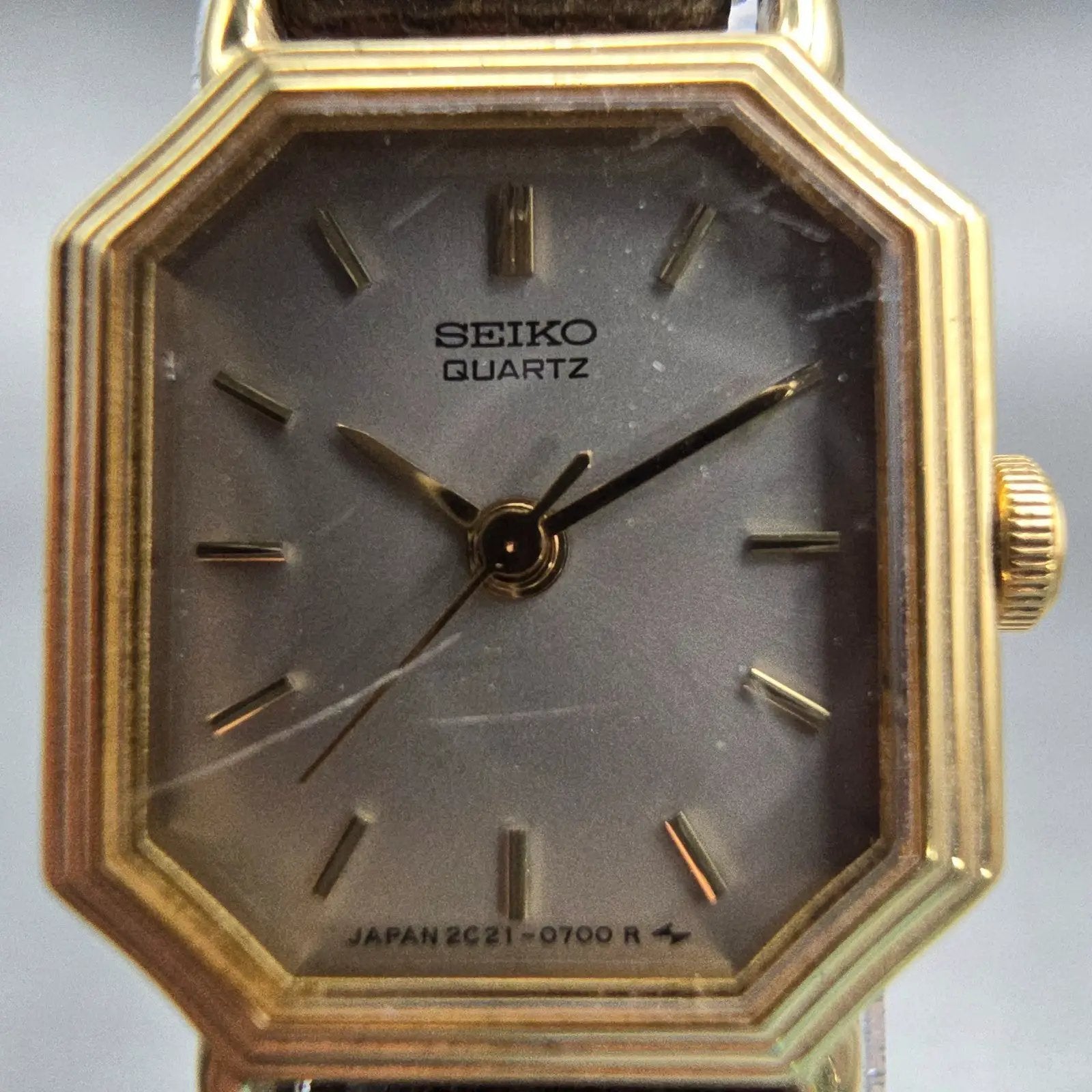 Seiko Watch Women 16mm Gray Dial Gold Tone Octagon 2C21-5279 New Battery Vintage1