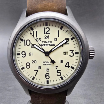 Timex Expedition Scout Watch Men 40mm Cream Dial Gray Date Round New Battery0