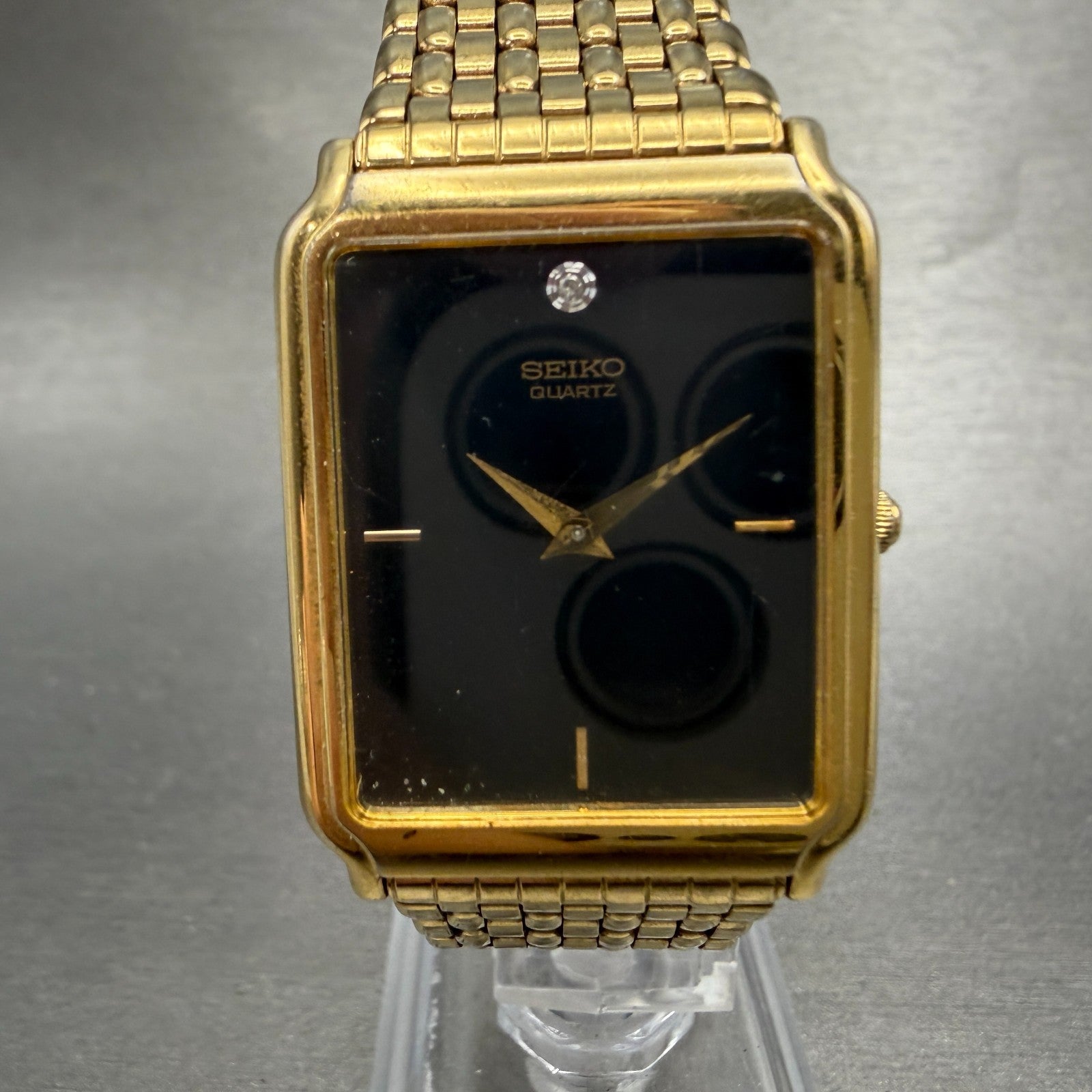 Seiko Tank Watch Men 27mm Black Dial Gold Tone Rectangle 5Y30-5189 PARTS Vintage0